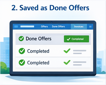 Uživatelský dashboard zobrazující dokončené přepravy uložené jako Done Offers v ExusTrans